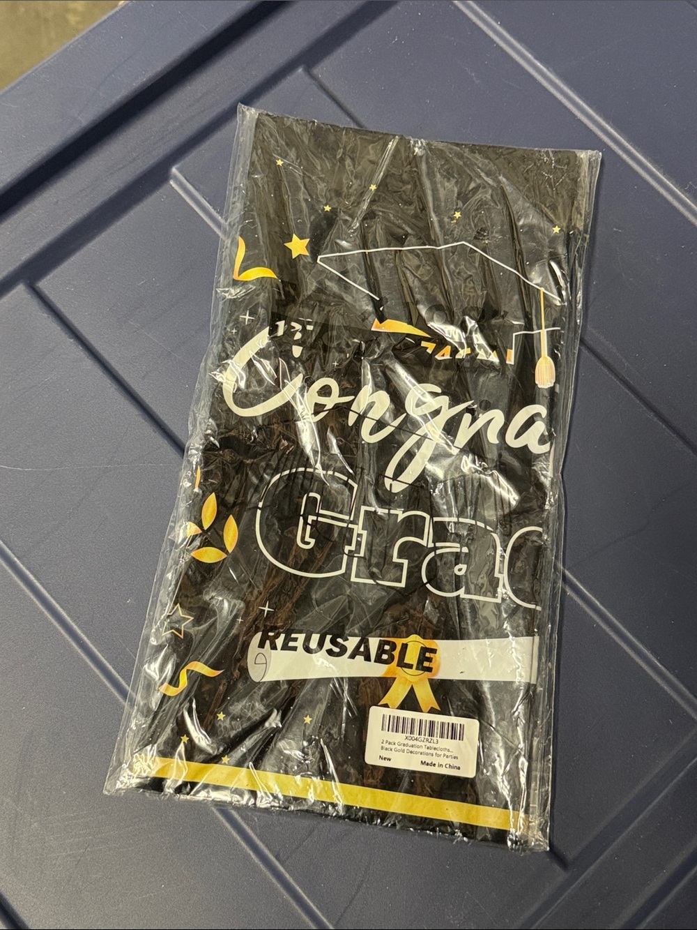 Black 'Congrats Grad' Reusable Party table cover plastic reusable 2 pack gold bl